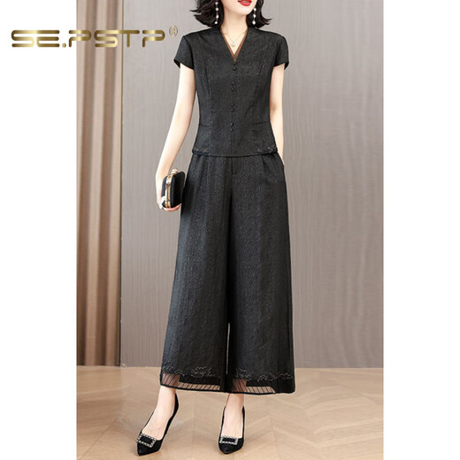 
Xiadian Sutra Queen (SE.PSTP) Xiangyunsha Set Women's 2025 Summer New Style Temperament Slimming Belly Mom's Wide Legs Two-Piece Set Black 1416# XL [101-115Jin[Jin equals 0.5 kg]]