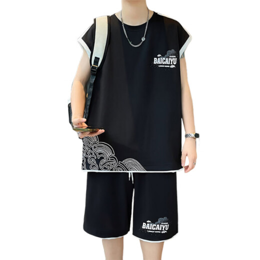 Buntes Edelstein neue chinesische Kurzärärmungsanzug Herren Sommer Trendy Marke Hemd hübsches Match für Teenager 6189 Schwarzer Anzug M ca.