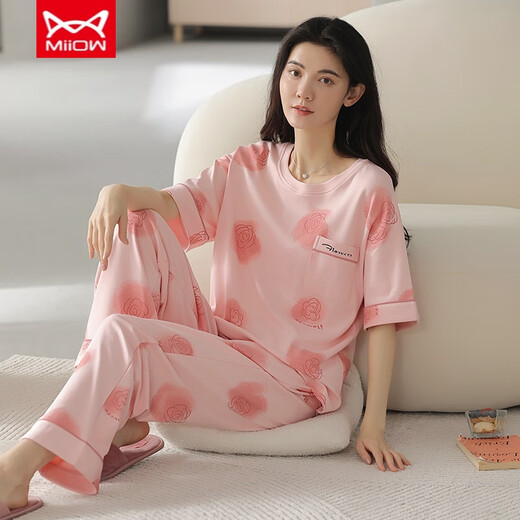 猫人（MiiOW）睡衣女夏季纯棉短袖长裤薄款纯棉夏天女士家居服套装春秋季 YZT9712主图款 短袖长裤 M 80-100斤