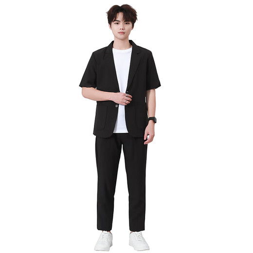 GOKU men's suit summer short-sleeved youth light business suit three-piece college student graduation interview job black short-sleeved suit + white T + black trousers L Weight 120-130 Jin Jin equals 0.5 kg