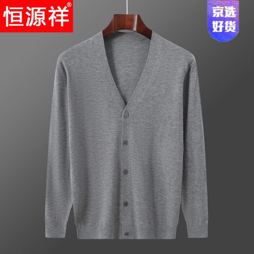 Hengyuanxiang Spring and Autumn Thin Wormlined Wool sweater Middle-aged men's double-card sweater jacket V-neck loose casual knitted cardigan large size dark gray L