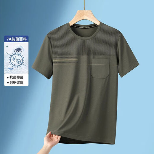 FHHUABD爸爸装短袖T恤男夏季中年人夏装圆领冰丝中老年条纹上衣半袖男装 TC682灰色 L 【建议121-135斤】