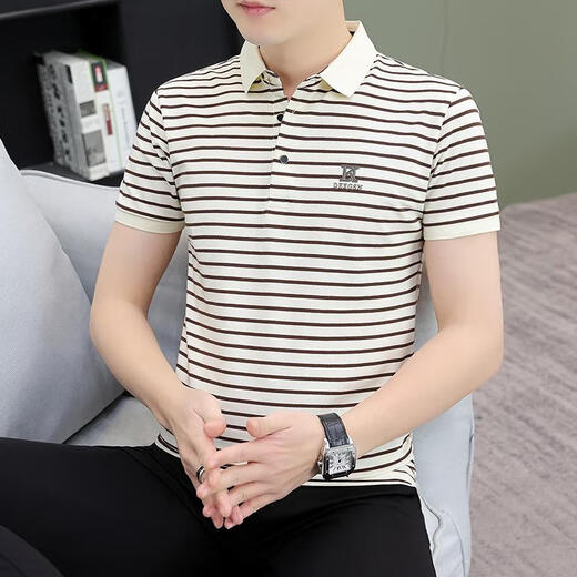 Huanyi Guangdong Puning men's shirt middle-aged and elderly striped daddy shirt men's short-sleeved T-shirt 2025 summer lapel Zhongqing QY756 green khaki M suggests 100-120 Jin [Jin equals 0.5 kg]