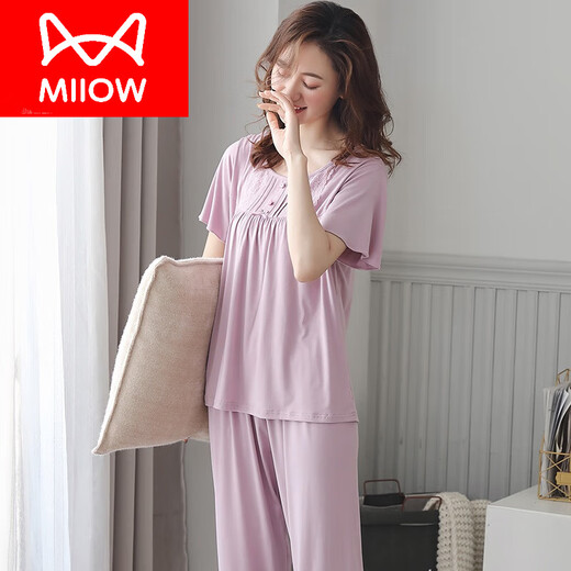 猫人（MiiOW）妈妈睡衣女夏季薄款短袖长裤莫代尔棉绸家居服夏天加肥加大码 X9224 L 【建议100-120斤】