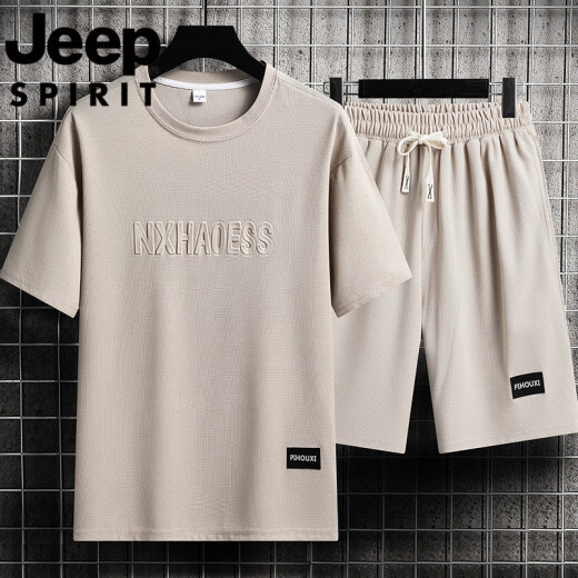 JEEP SPIRIT Jip Waffle Casual Set Men's Summer Teen Large Size Men's Sports Short Sleeve Shorts Two-Piece Set 829-Gray 2XL 160-180Jin[Jin equals 0.5 kg]