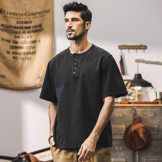 Jay Leno American heavy 320g short-sleeved men's T-shirt summer loose retro polo shirt trendy tough guy vintage Henry collar men's black heavy 320g 4XL suitable for 200-220Jin Jin equals 0.5 kg