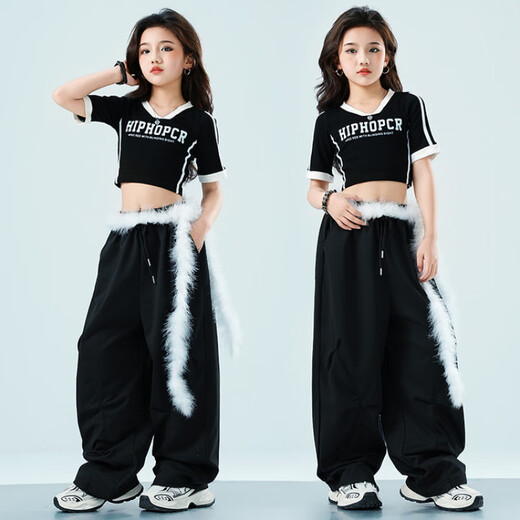 G.DUCKKIDS小黄鸭女童爵士舞服装儿童露脐街舞潮服女孩hiphop嘻哈舞蹈套装 A659黑色短袖上衣 130 尺码7~8岁【120-130cm】