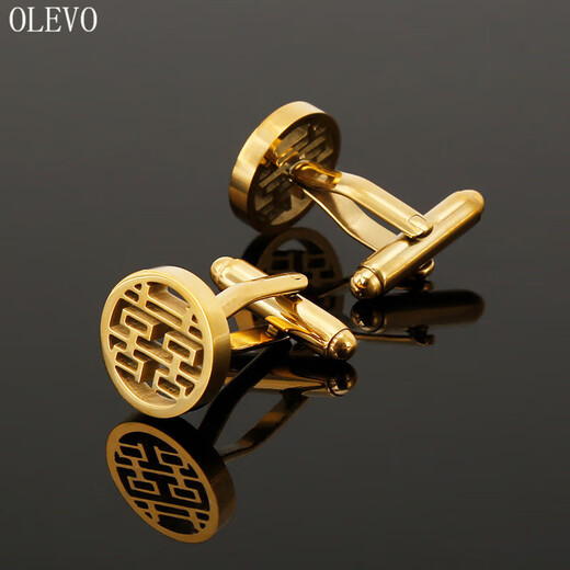 OLEVO袖扣男结婚喜字男士法式衬衫袖口扣西装袖钉高端纽扣子喜庆领带夹 金色圆喜袖扣