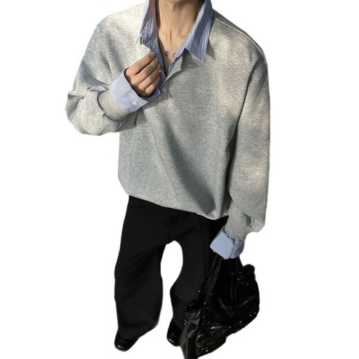 GTYUWVG fake two-piece shirt men's spring 2025 new inner layering long-sleeved lapel Henry bottoming shirt shirt jacket light gray L