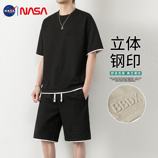 NASA BASE waffle sports suit men's summer plus size short-sleeved shorts ice silk heavy casual set T01#apricot 3XL