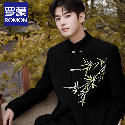 ROMON New Chinese Style Engagement Suit for Men Spring and Autumn New Embroidered Mao Suit Toast Suit Men's Dress Groom's Suit Black Suit XL (161Jin Jin equals 0.5kg -180Jin Jin equals 0.5kg)