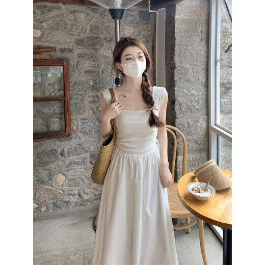 Vestido de chaleco sin mangas sin mangas de Muni 2025 NUEVO TEMPERAMENTO DE MUJER COLLA MUJER La cintura abrazada y las vacaciones adelgazantes de las vacaciones largas Falta del cuello cuadrado francés [blanco] M tamaño [sugerido 85-110Jin [Jin iguala 0.5 kg]]]