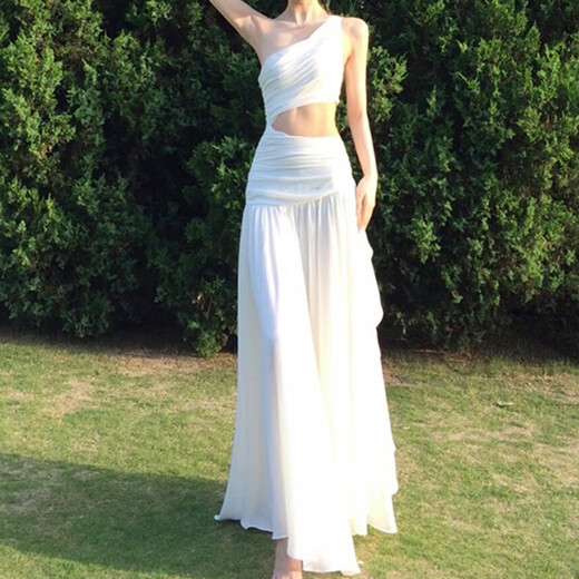 Lekali Französisch Kleid für Frauen am Strand Urlaub Feen-Feen-Rock für Sommer-Off-Shoulder-Taille-exponierte Atmosphäre coole und Nische High-End-Kleid Französisch-Off-Shoulder-Kleid [L ungefähr 110]