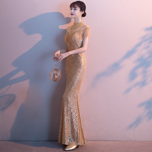 EYNL亮片小晚礼服女2025新款名媛宴会感鱼尾轻奢小众高端主持人裙 黑色 S