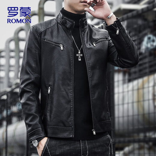 ROMON Leather Jacket Men's Jacket Spring Stand Collar Business Locomotive Top Men's Clothes Black XL