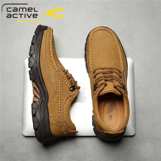 Camel Dynamic Mountaineering Men's Shoes Travel Hiking Genuine Leather Dad Shoes Outdoor Wear-Resistant Casual Genuine Leather Large-Scalp Shoes for Men Light Brown (First Layer Cowhide) Thick Sole 6198 39 Standard Leather Shoe Size