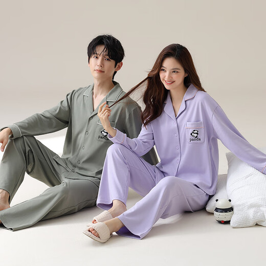 单南卫睡衣情侣纯棉春秋长袖大码薄款夏季休闲外穿男女家居服套装 02D16805 M 女-
