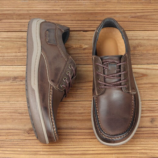 Goldlion GY casual leather shoes for men genuine leather breathable wide-head retro 2025 new anti-slip nubuck leather retro hand-rubbed coffee color 42