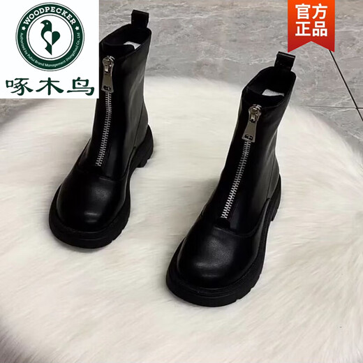 啄木鸟前拉链中筒瘦瘦马丁靴女新款骑士厚底真皮烟筒切尔西短靴新品 哑黑【单里】 35 (160mm)