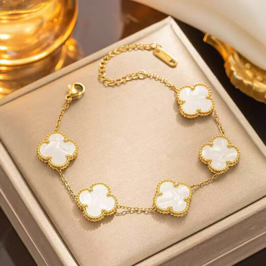 LZJV plated 18K rose gold four-leaf clover, clover, five-flower bracelet for women, white mother-of-pearl, carnelian, rose gold, laser between red agates