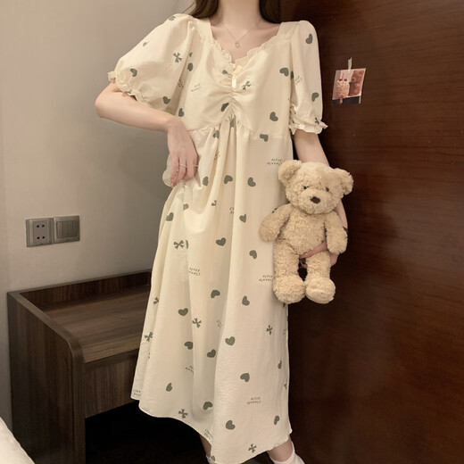 浅伊琳居带胸垫睡裙夏季女款感短袖云朵棉家居服甜美宽松睡衣连衣裙 #sm9871带胸垫可拆卸 L  建议体重101-120斤