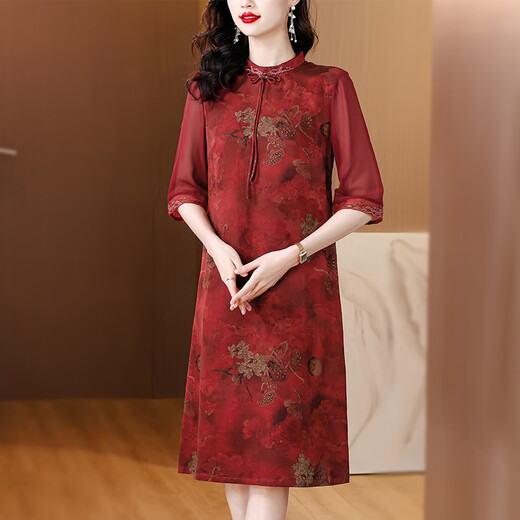 GIOIO香云纱连衣裙新品喜婆婆婚宴装日常可穿高贵年轻妈妈礼服改良旗袍 红色 JY-9901 XL