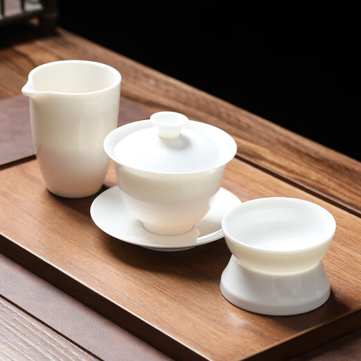 Yuanqing Jiasheng complete set of Kung Fu tea set Chinese white mutton fat jade porcelain tea set set cover bowl male cup tea drain three-piece set
