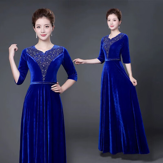 New gold velvet chorus suit host choir performance clothing adult fashion women's long skirt clothing evening dress burgundy middle-aged and elderly performance clothing women XL