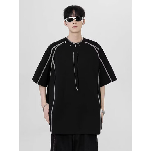 Dan Pretty Summer Contrast Lines Shoulder Pad Short Sleeve Shirt Men's Design Small Neckline 1421 White M