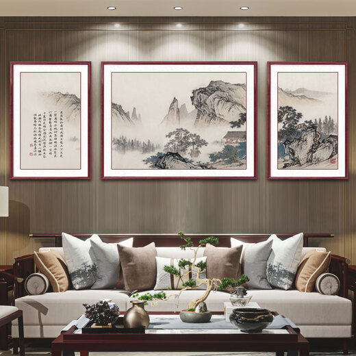 出写望云楼客厅装饰画沙发背景墙挂画国画山水画三联画办公室茶室壁画 759-04款 90*120左右60*90cm 实木框+晶瓷画面