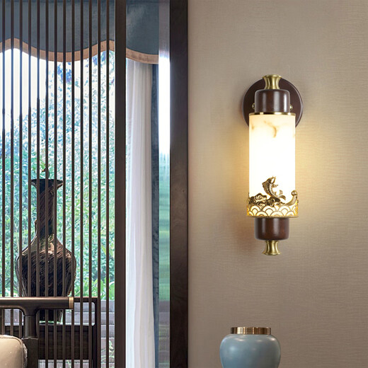 Recordando el pasado, el nuevo estilo chino de cobre más madera lámpara de pared retro sala de estar lámpara decorativa lámpara de pared lámpara de pared al estilo chino salón de té sala de estudio 7029b/cobre + madera + piedra de nube de imitación piedra