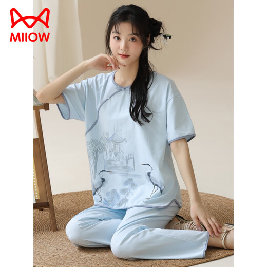猫人（MiiOW）夏季女士短袖国风睡衣套装棉新中式长裤家居服夏天可外穿薄款简约 Y9905 M (建议75-95斤)
