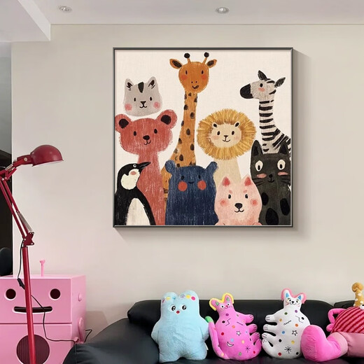 SHANSHUIYAN Cartoon Animals Children's Nordic Decorative Painting Cute and Warm Living Room Sofa Background Bedroom Bedside Square Hanging Painting Cute Animal A 40*40cm Aluminum Alloy Frame + Oil Canvas