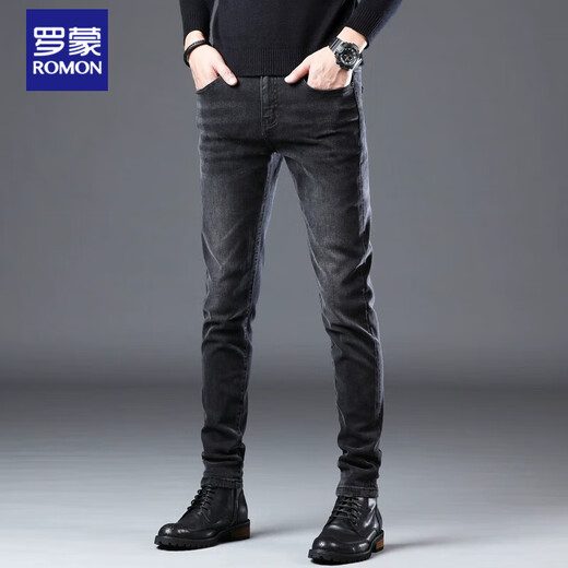 Romon (Romon) 2025 Neue Frühlings- und Sommer-Schwarze Jeans Slim Füße koreanischer Stil trendy elastische Freizeithose Herrenhosen 1048-Black 28