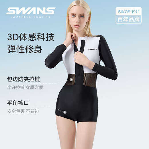 SWANS new product swimsuit women's long-sleeved sun protection 2025 new boxer one-piece swimsuit bathing in hot springs to cover the flesh and slimming swimsuit black and white long-sleeved M