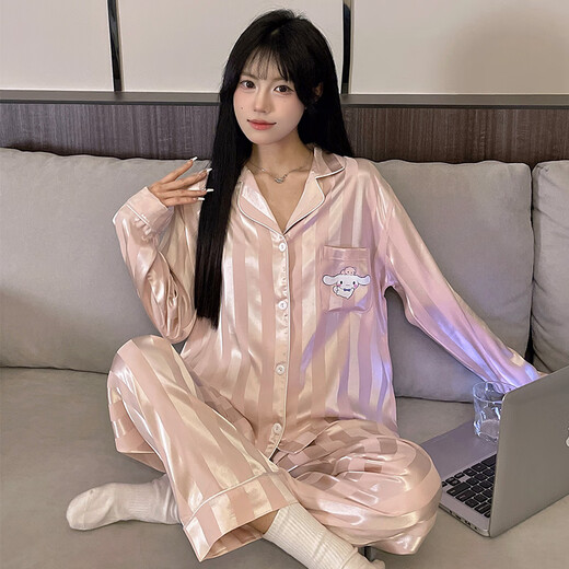 维多利亚的格调轻奢品牌冰丝睡衣女款春秋季长袖甜美可爱卡通家居服女士秋款仿真 TMSJ-6636 M