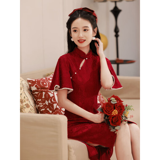 Pierre cardin toast dress cheongsam Autumn girl wedding young small engagement burgundy dress 2025 new style 6996 red S