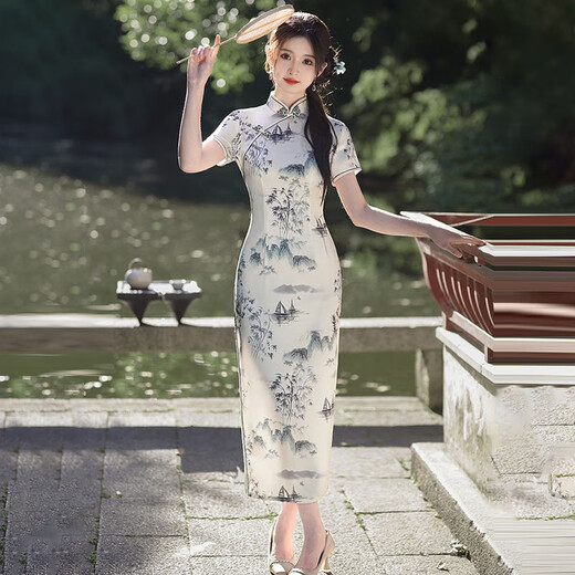 Ink-painted satin modified cheongsam for everyday girls, slim-fitting stand-up collar and temperament long national style dress JQ15 ink XL (120-130Jin Jin is equal to 0.5kg)