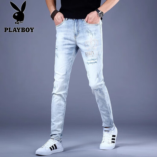 花花公子（PLAYBOY）高端高弹力牛仔裤男士春夏季破洞刺绣修身小脚浅色百搭长裤子男 浅蓝色 3890【高弹性】 31 【建议125-135斤】