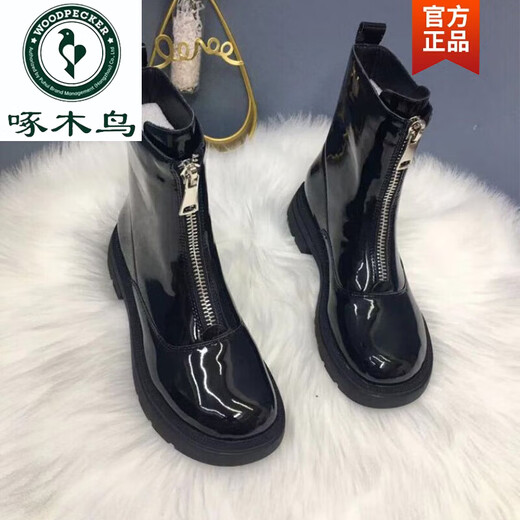 啄木鸟前拉链中筒瘦瘦马丁靴女新款骑士厚底真皮烟筒切尔西短靴新品 哑黑【单里】 35 (160mm)