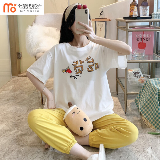 莫代尔春秋睡衣女夏季薄款纯色棉短袖长裤两件套装宽松全棉休闲女士家居 SSM-6625 均码 睡尚美承诺