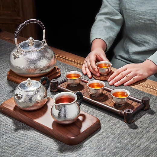 归银堂纯银999足银茶具套装纯手工锤纹茶道家用送礼烧水壶泡茶壶 烧水壶 695克+证书+礼盒 0ml