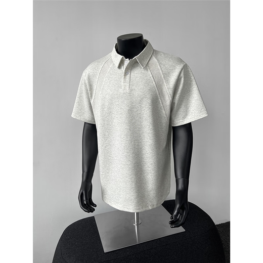Jufeng space cotton American polo shirt men's high-end splicing heavyweight T-shirt Henry collar boxy gray shoulder short sleeves light gray upgraded version 90% of buyers choose M Recommended 105-120 Jin Jin equals 0.5 kg
