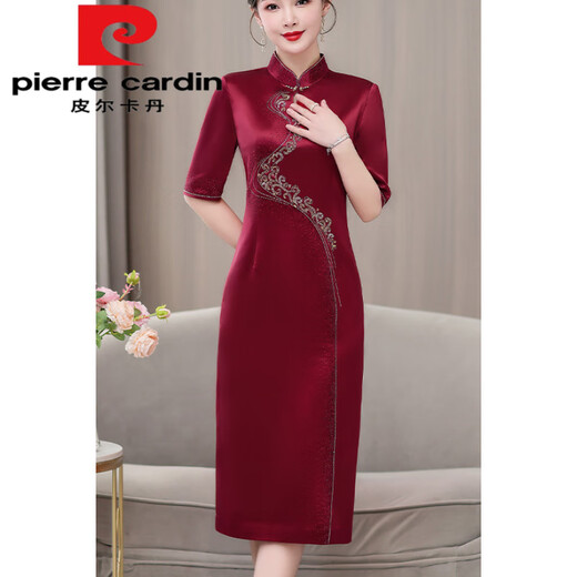 Pierre Cardin Acetet Acetic Actic New Cheongsam High-End 2025 Spring and Summer Young Noble suegra y vestimenta de boda de la suegra Borgoña 6621# La popular marca de lujo de luz de este año L 100-115Jin [Jin equivale a 0.5 kg]