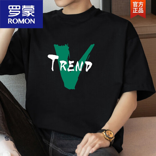 罗蒙（ROMON）260g重磅棉质短袖t恤男夏季半袖美式潮流宽松上衣服圆领体恤 M09-T684黑色 S