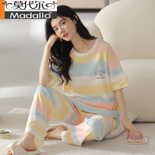 莫代尔睡衣女士夏季纯棉薄款可爱短袖长裤可外穿套装春秋宽松夏天家居服 花色 Y9711 XL (建议115-130斤)