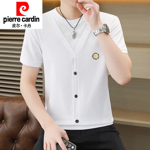 Pierre cardin summer ice silk knitted fake two-piece short-sleeved T-shirt men's Korean style slim and cool and thin half-sleeved T-shirt top 6626 khaki M 90-110Jin [Jin equals 0.5 kg]