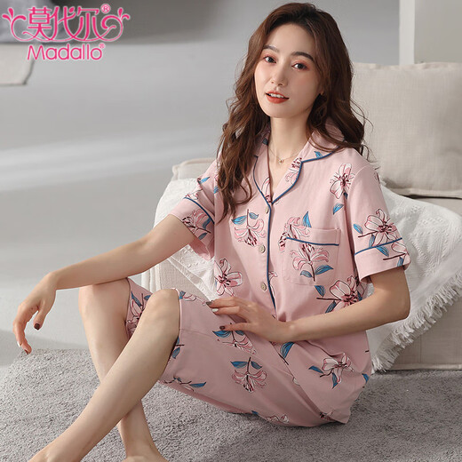 莫代尔纯棉睡衣女夏季新款开衫翻领短袖七分裤宽松大码休闲家居服套装女 NX9898 L 女