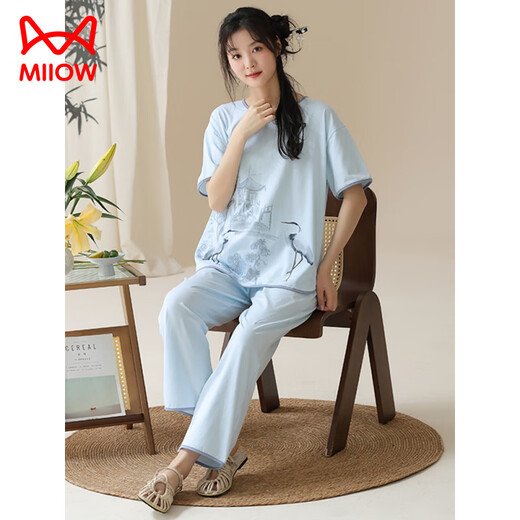 猫人（MiiOW）夏季女士短袖国风睡衣套装棉新中式长裤家居服夏天可外穿薄款简约 Y9905 M (建议75-95斤)