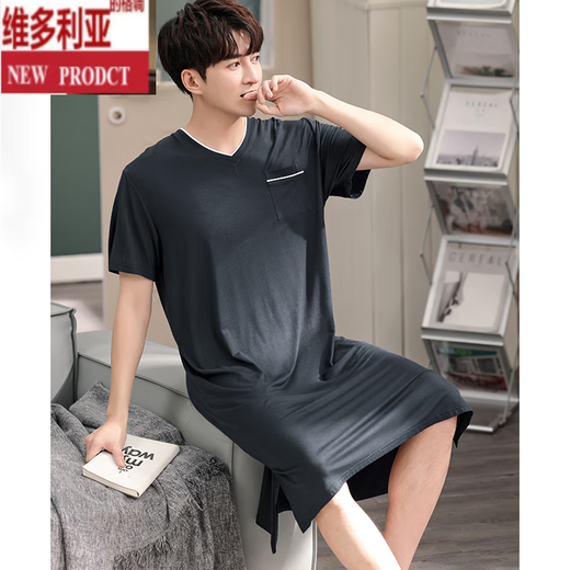 Victoria Summer Men Summer Camisón de manga corta Integrado de estilo delgado Modal de longitud media de longitud media suelta Summer de verano YM844 Flower Gray Men's Nightgown L Altura 170-175 Peso 120-140Jin [Jin iguala 0.5 kg]